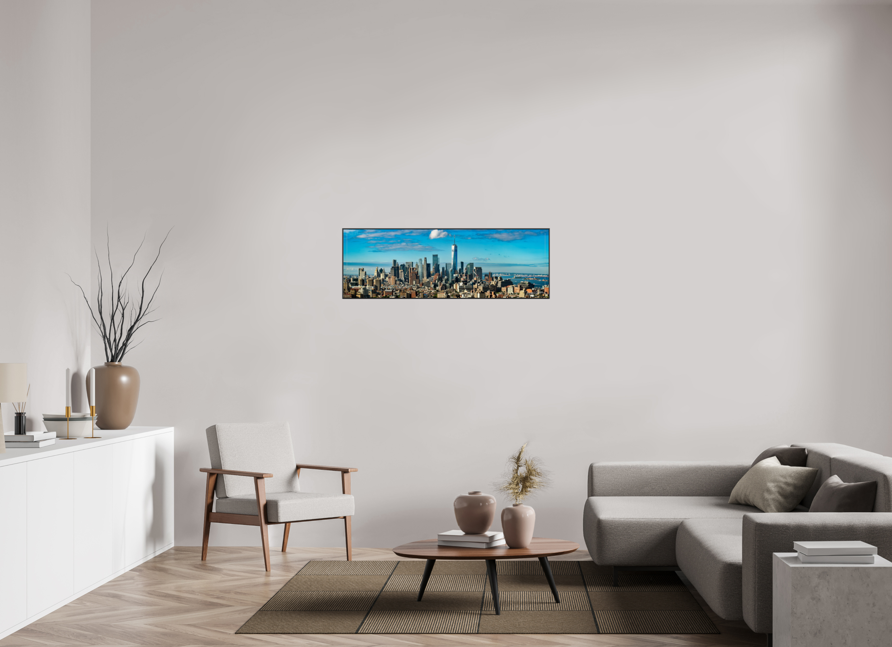 120 x 40 cm, acrylglas, 2 mm, glanzend met aluminium ArtBox Frame, 50 mm profiel, zwart Lower Manhattan, NY, USA