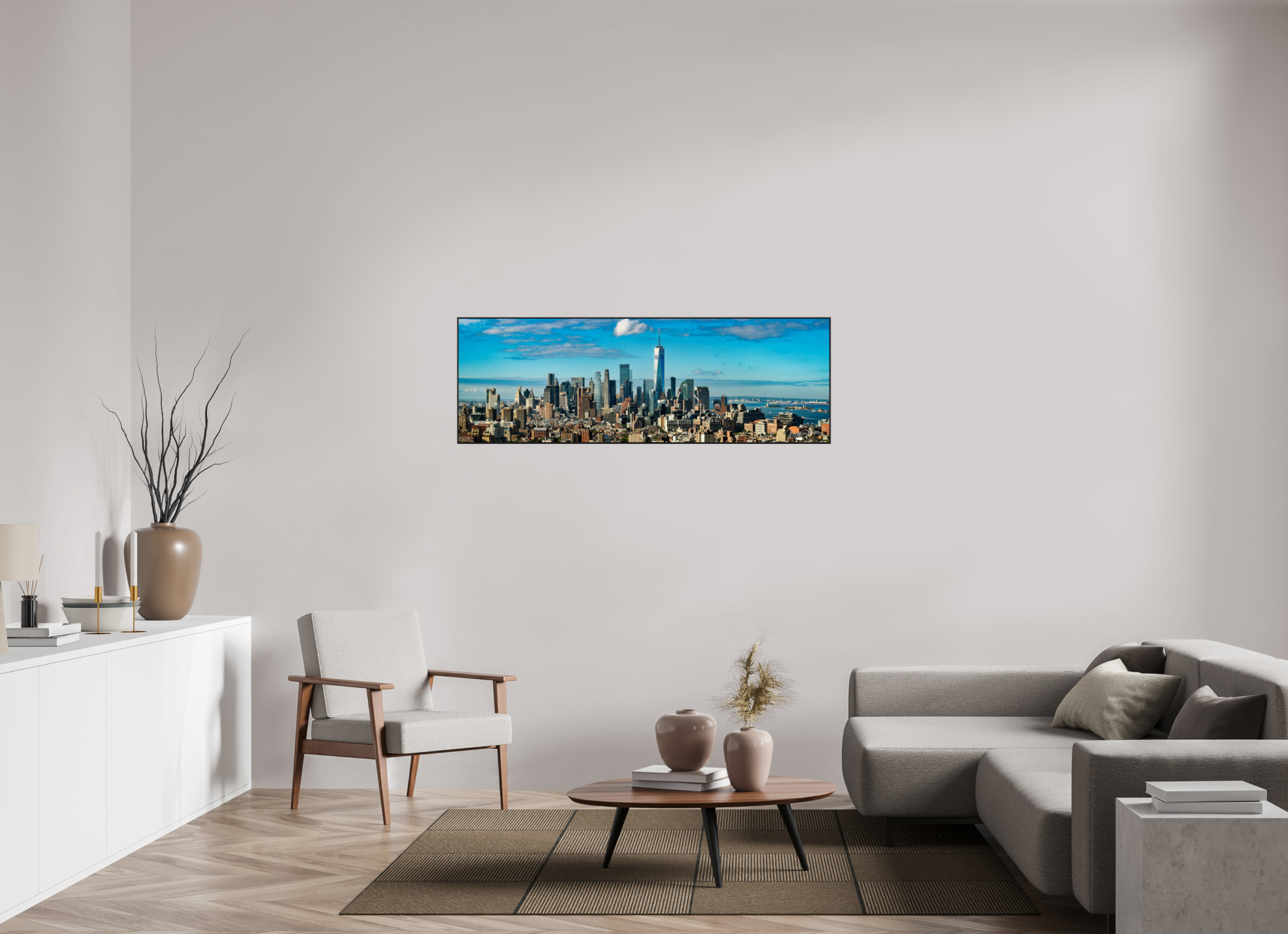 150 x 50 cm, acrylglas, 2 mm, glanzend met aluminium ArtBox Frame, 50 mm profiel, zwart Lower Manhattan, NY, USA