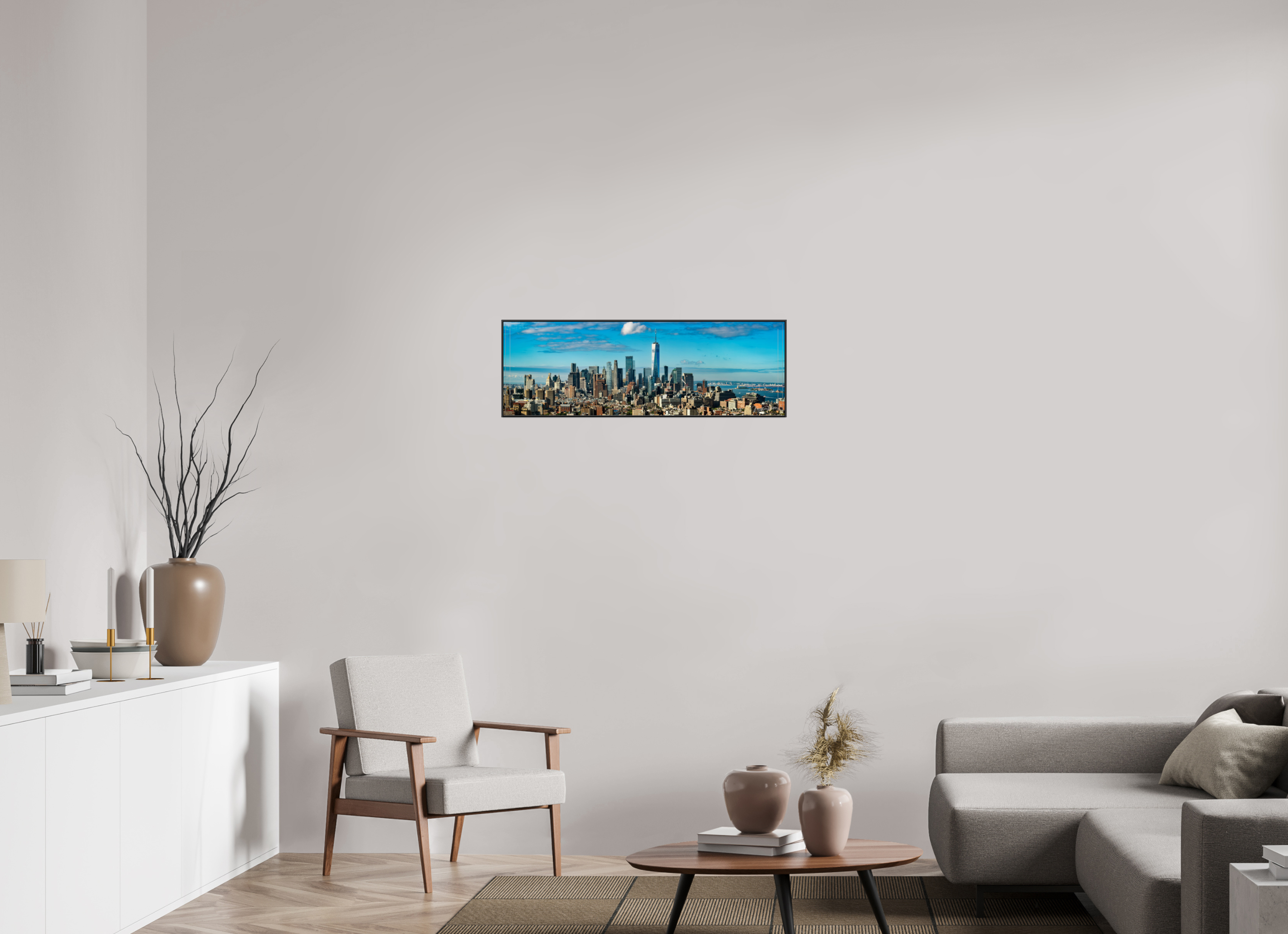 90 x 30 cm, acrylglas, 2 mm, glanzend met aluminium ArtBox Frame, 50 mm profiel, zwart Lower Manhattan, NY, USA